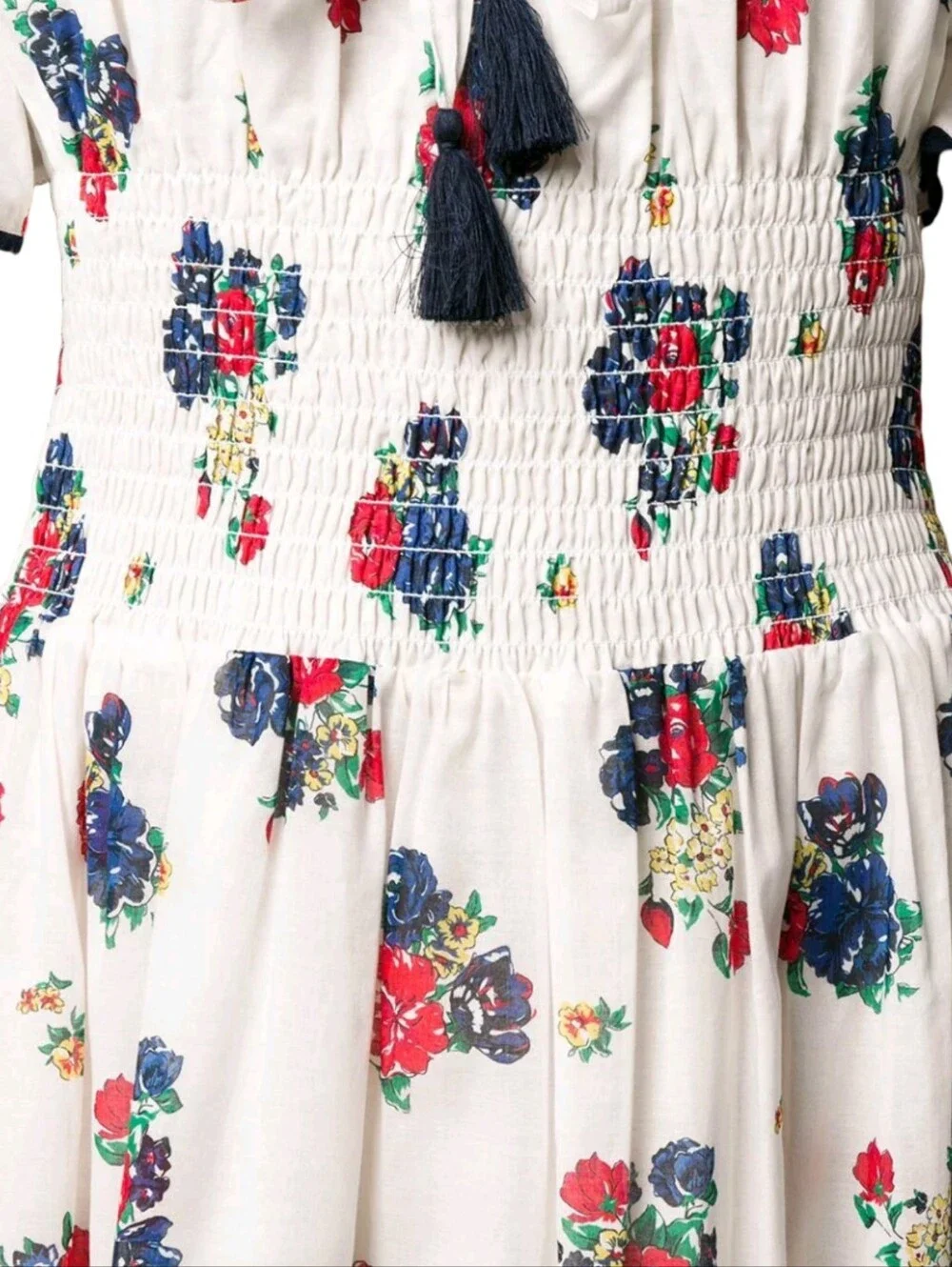 Tory Burch Meadow Folly Cotton Voile Midi Dress with a red and blue floral print